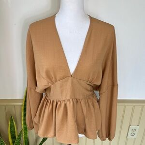 ASOS Design Tan Peplum Wrap Top US 6 Deep V Neck Long Sleeve Boho Fall Romantic